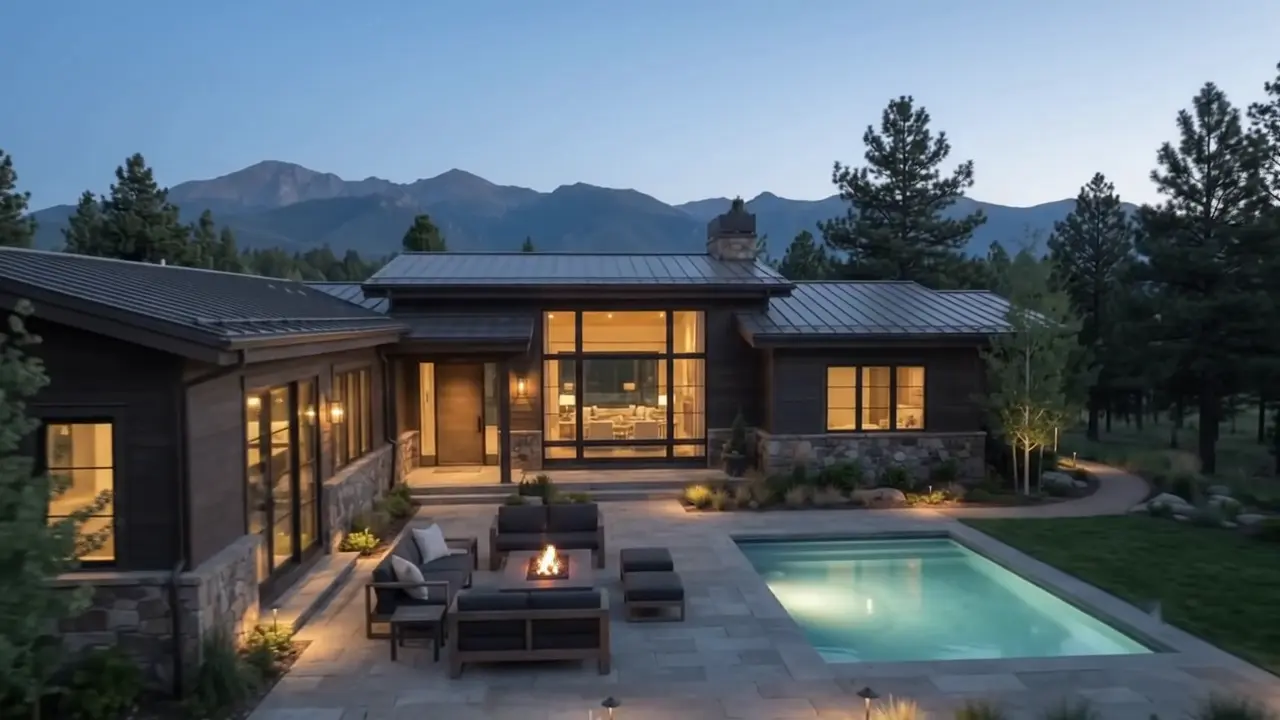 Stone patio and lit pool behind the house