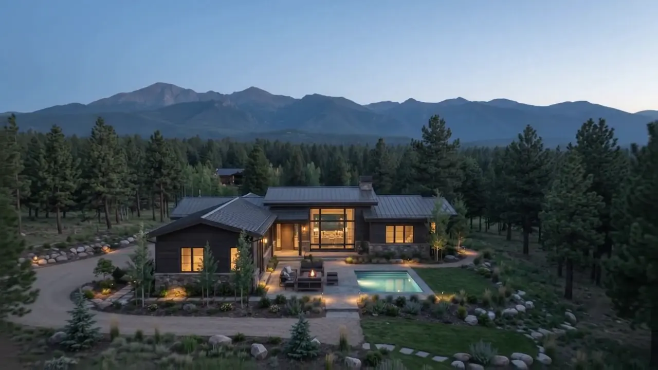 Aerial view of the house and mountains at dusk